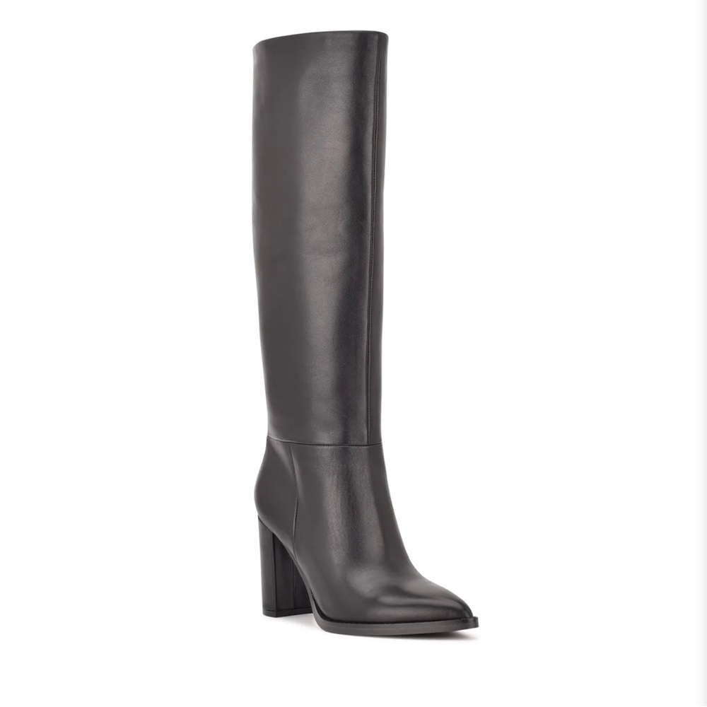 Black Nine West Leather Hiya Wide Calf Heeled Boots / Size 10
